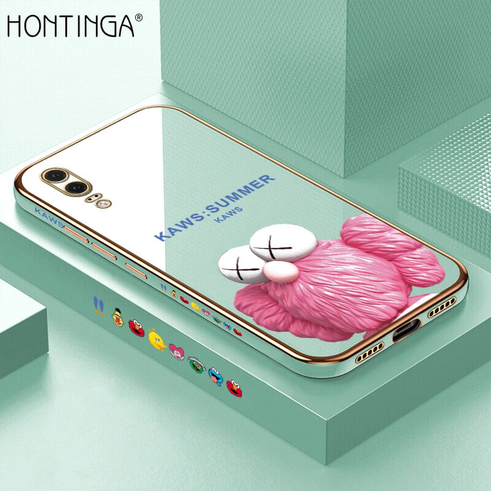 Hontinga for Huawei P20 Luxury 6D Plating Soft Casing Silicone Square Frame Phone Case Shiny Bling Back Cover Pink Doll Side Pattern Case