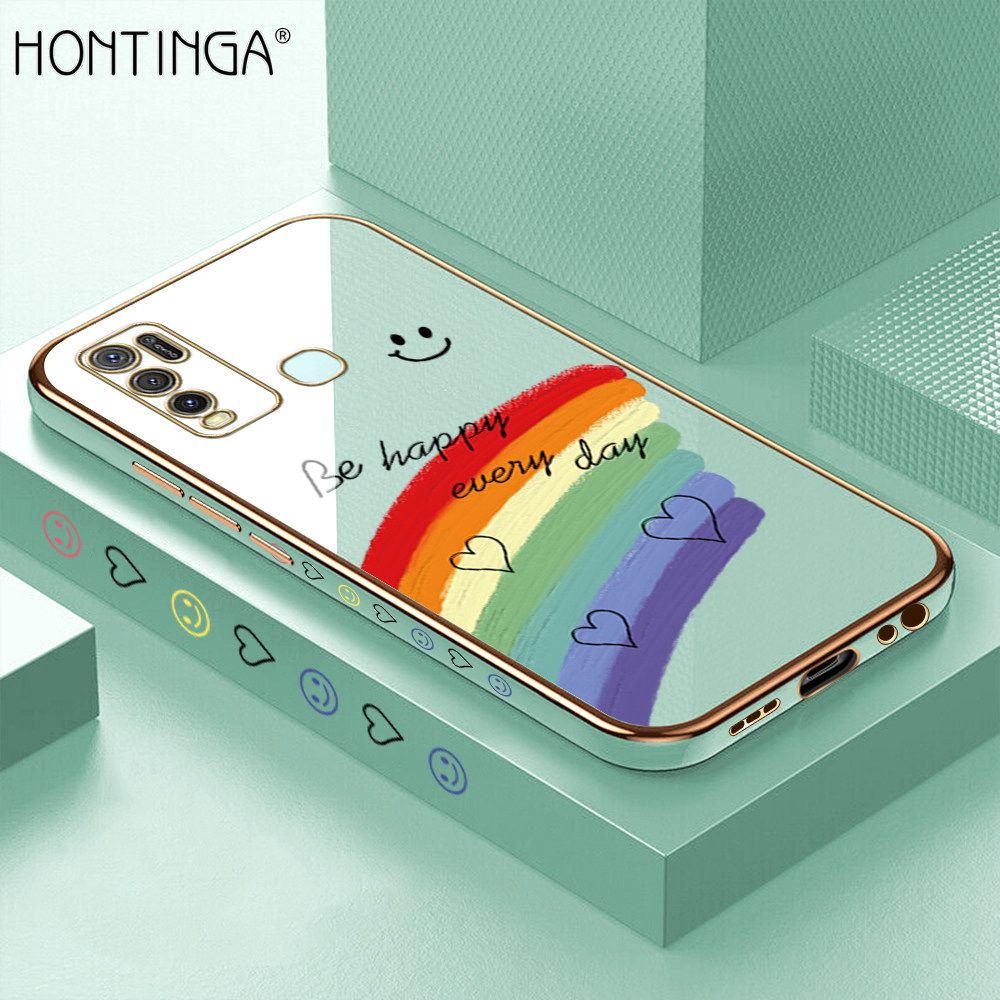 Hontinga for Vivo Y50 Y30 Y30I Back Cover Luxury 6D Plating Cartoon Rrainbow Side Pattern Case Soft Silicone Square Phone Cases