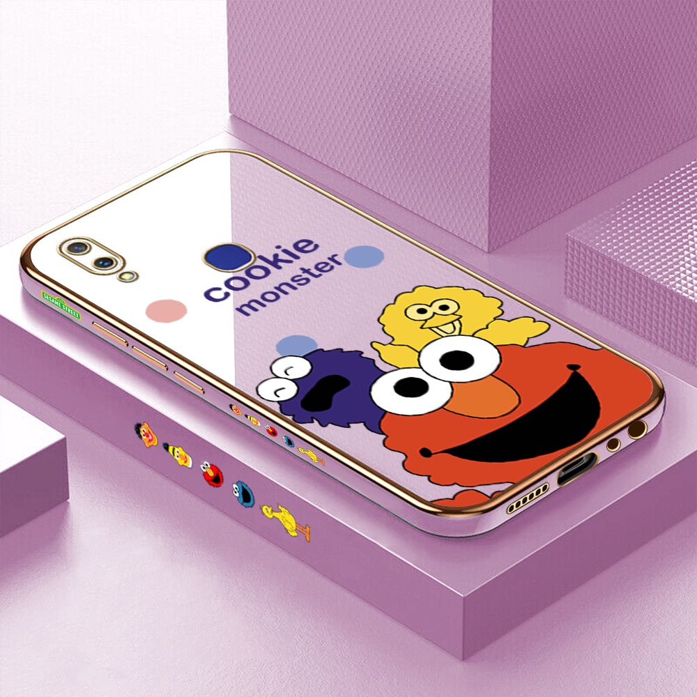 Luxury 6D Plating Case for Vivo V11I Color Cute Cartoon Sesame Monsters Side Pattern Back Cover Soft Silicone Square Frame Shiny Bling Phone Cases + Free Lanyard
