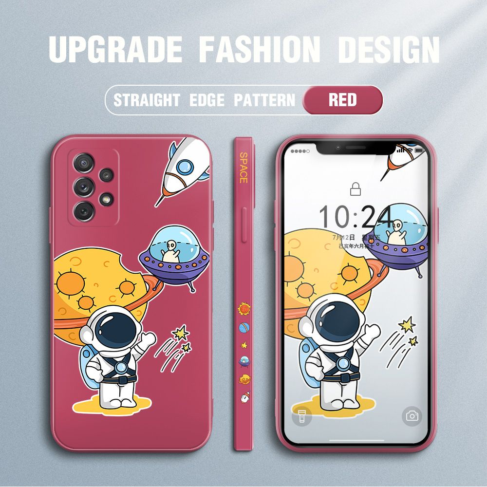 Jizetin for Samsung Galaxy A72 / A72 5G Case Side Design Phone Cover Moon Space Astronaut Cover Square Edge Pattern Liquid Silicone Trend Case