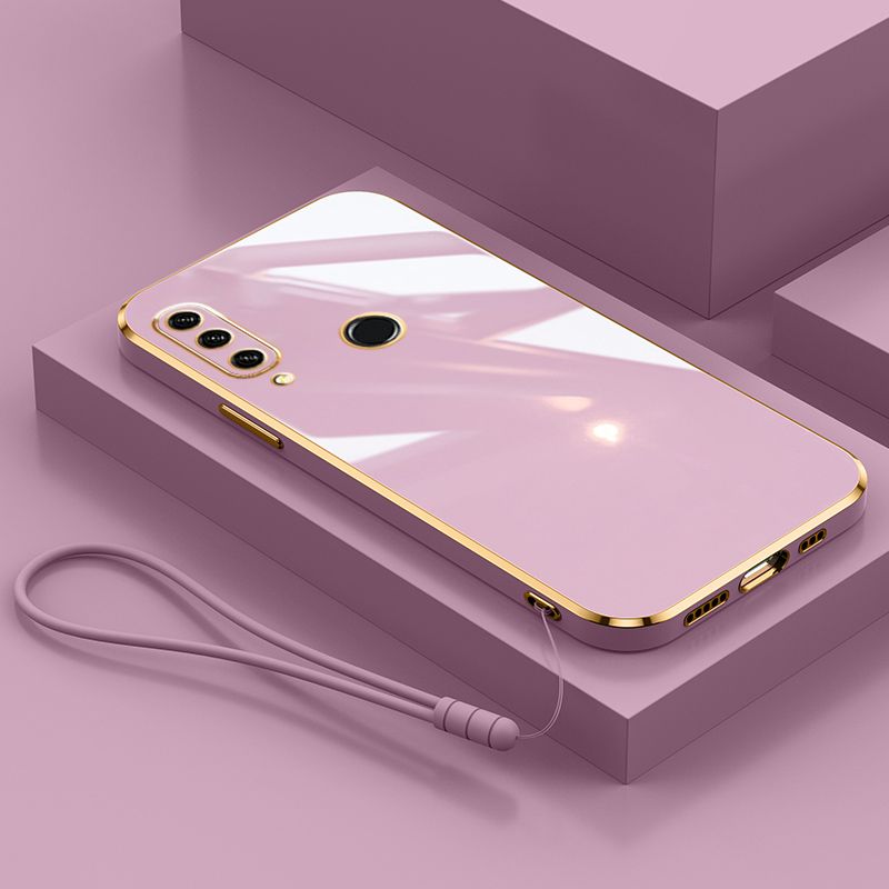 For Huawei Y6P Cover with Wrist Strap Fashion Shiny Plating Square Bumper Girls Phone Case Soft TPU Silicone Shockproof Protective Back Cover