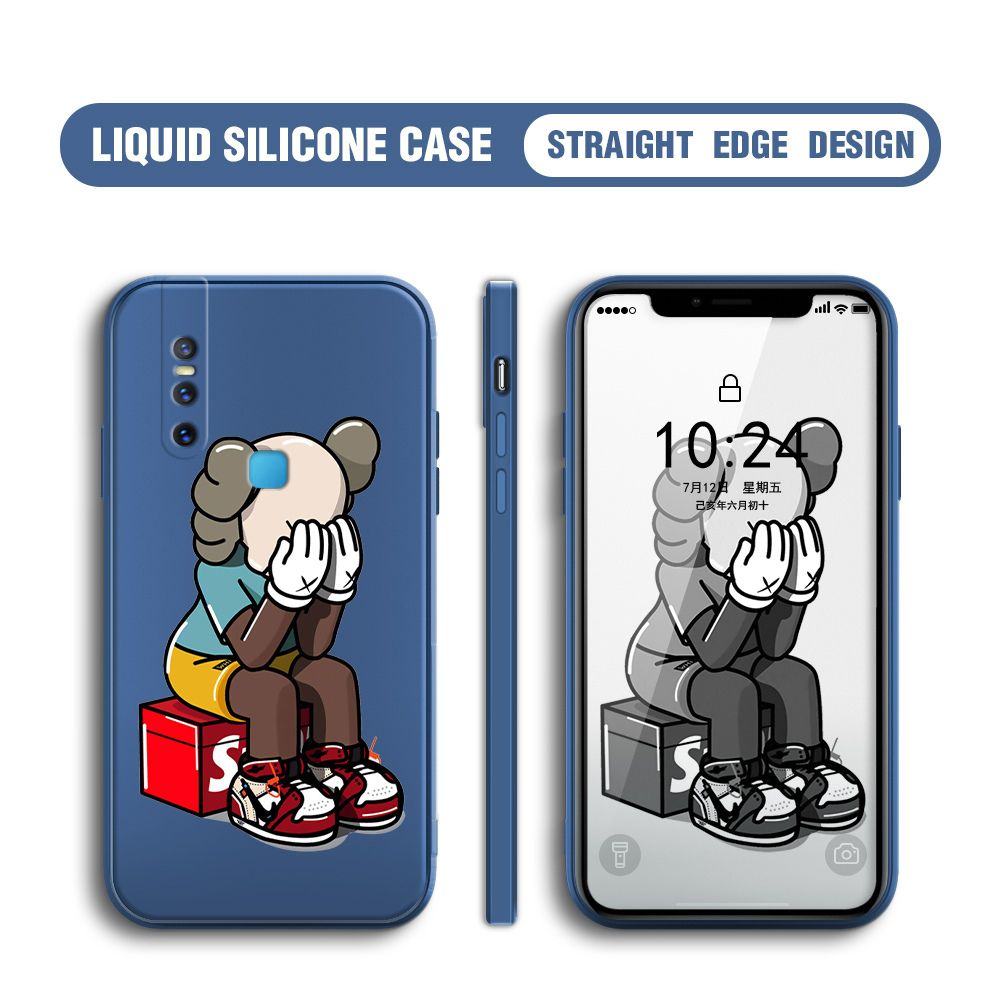 BILI for Vivo V15 Back Cover Lonely Cry bear Multicolor Liquid Silicone Phone Case Soft Square Lens Protection Phone Cases