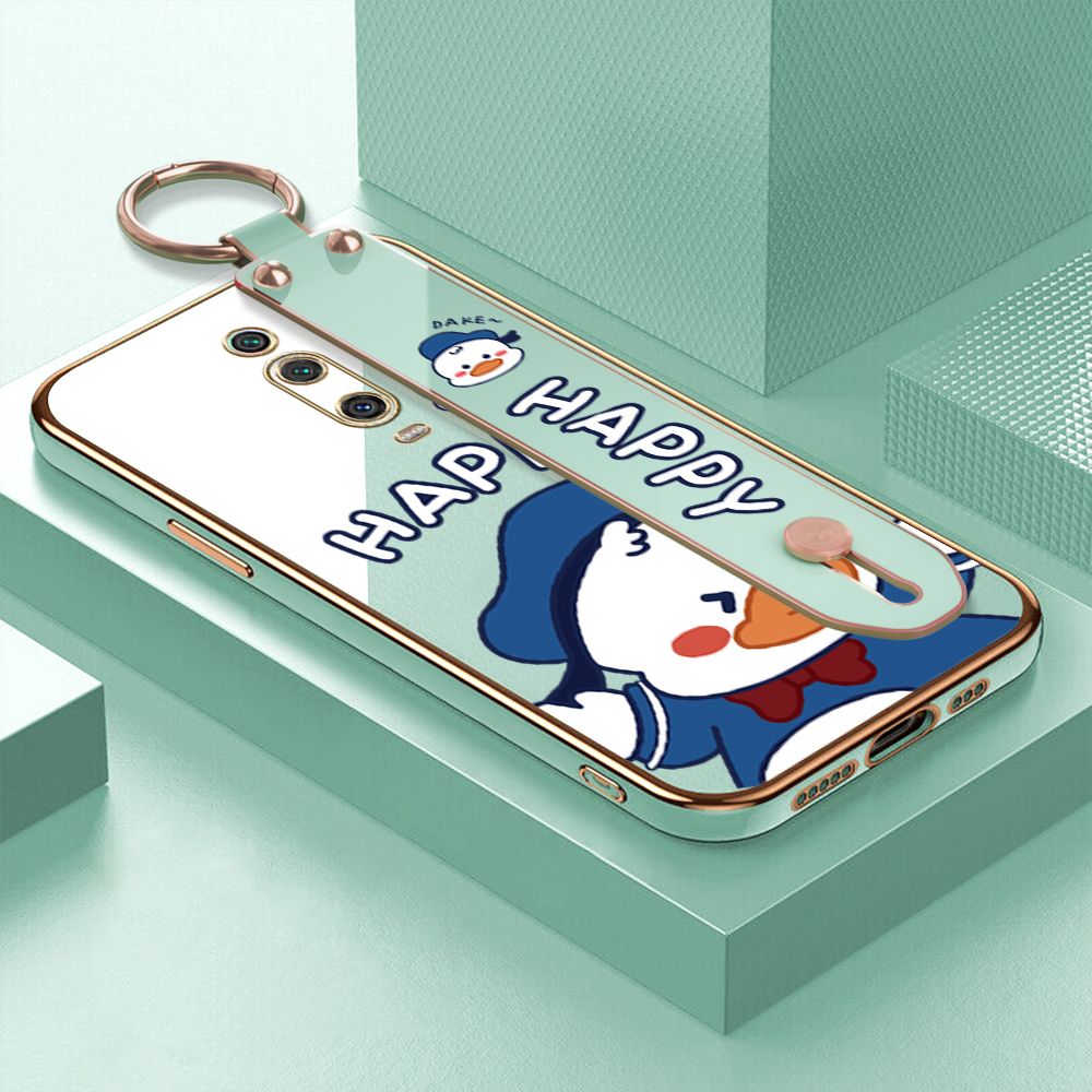 TA for Xiaomi 9T / 9T Pro / Redmi K20 / K20 Pro Wrist Strap Back Cover Cute Duck Fashion Luxury 6D Plating Soft Casing Silicone Square Frame Phone Case