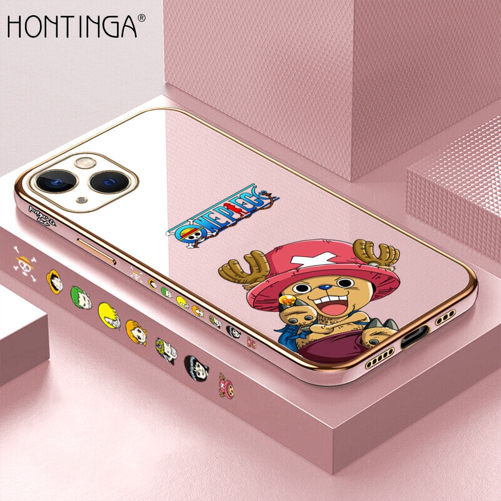 Hontinga for iPhone 13 Back Cover + Free Lanyard Luxury 6D Plating Cute Cartoon Choba Side Pattern Case Soft Silicone Square Mobile Cover