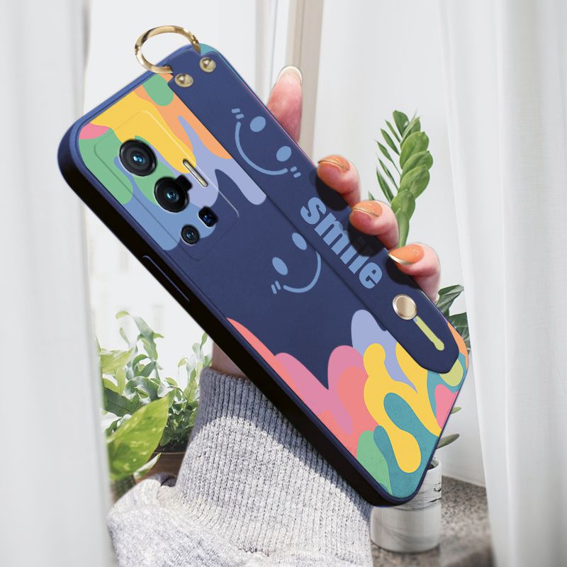 ZeroQiQi for Vivo X70 Pro 5G Wrist Strap Case Soft Candy Color Splash Ink Cover Trend Square Printed Pattern Liquid Silicone Phone Case