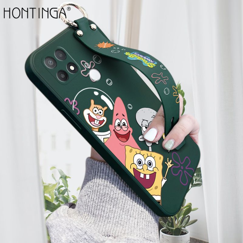 Hontinga for OPPO A15 A15S Wrist Strap Case Cute Cute Funny Cartoon Sponge for Square Pants Cover Square Edge Liquid Silicone Anti-drop Phone Case