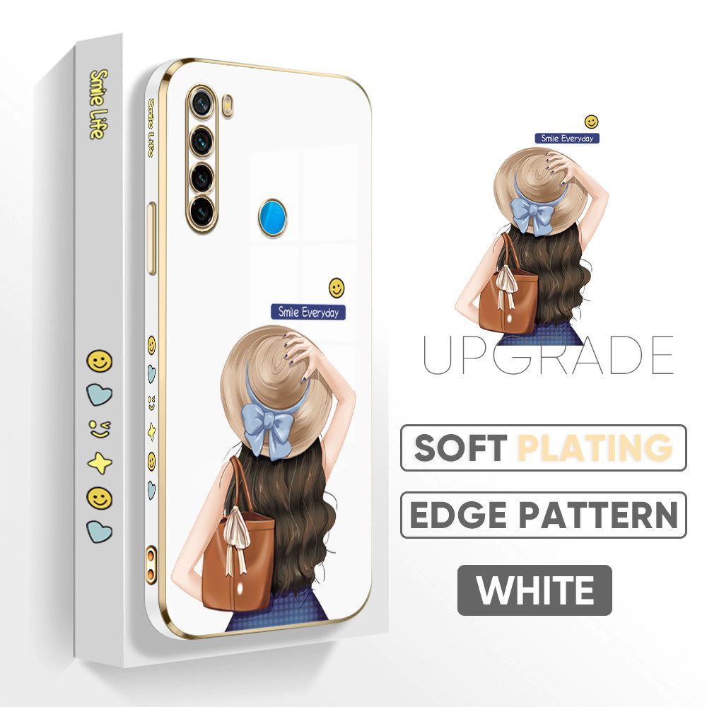 Jizetin (Free Lanyard) Redmi Note 8 Back Cover Girl In Hat Luxury 6D Plating Case Side Pattern Soft Silicone Square Mobile Phone Cases