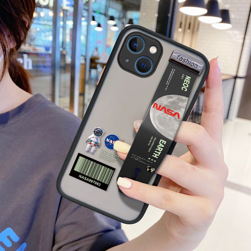 UCUC for iPhone 13 Mini Wrist Strap Case Creative Cartoon Astronaut Wristband Printing Cover Shockproof Frosted Phone Case