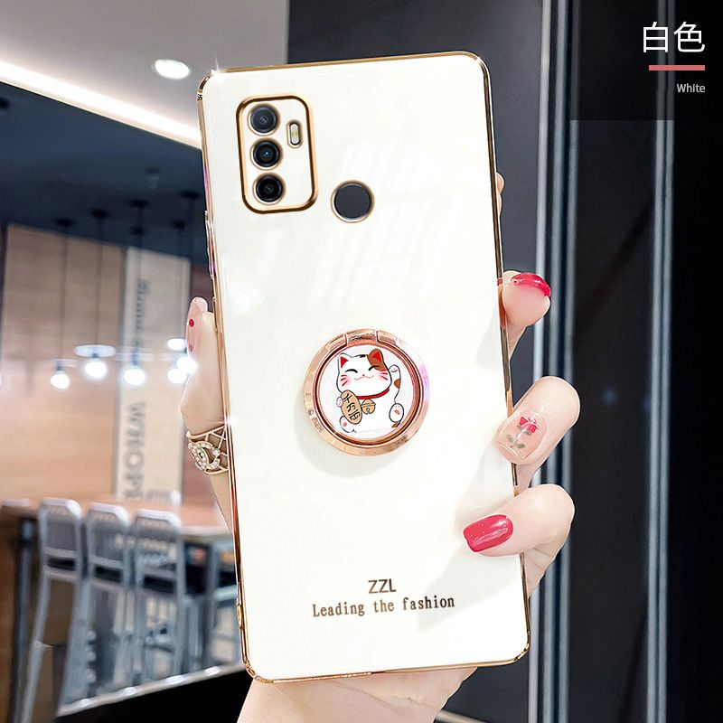 For OPPO A53 2020 Cover + Ring Holder Stand Shiny Plating Square Bumper Phone Case Lens Protection Soft Silicone Shockproof Protective Back Cover