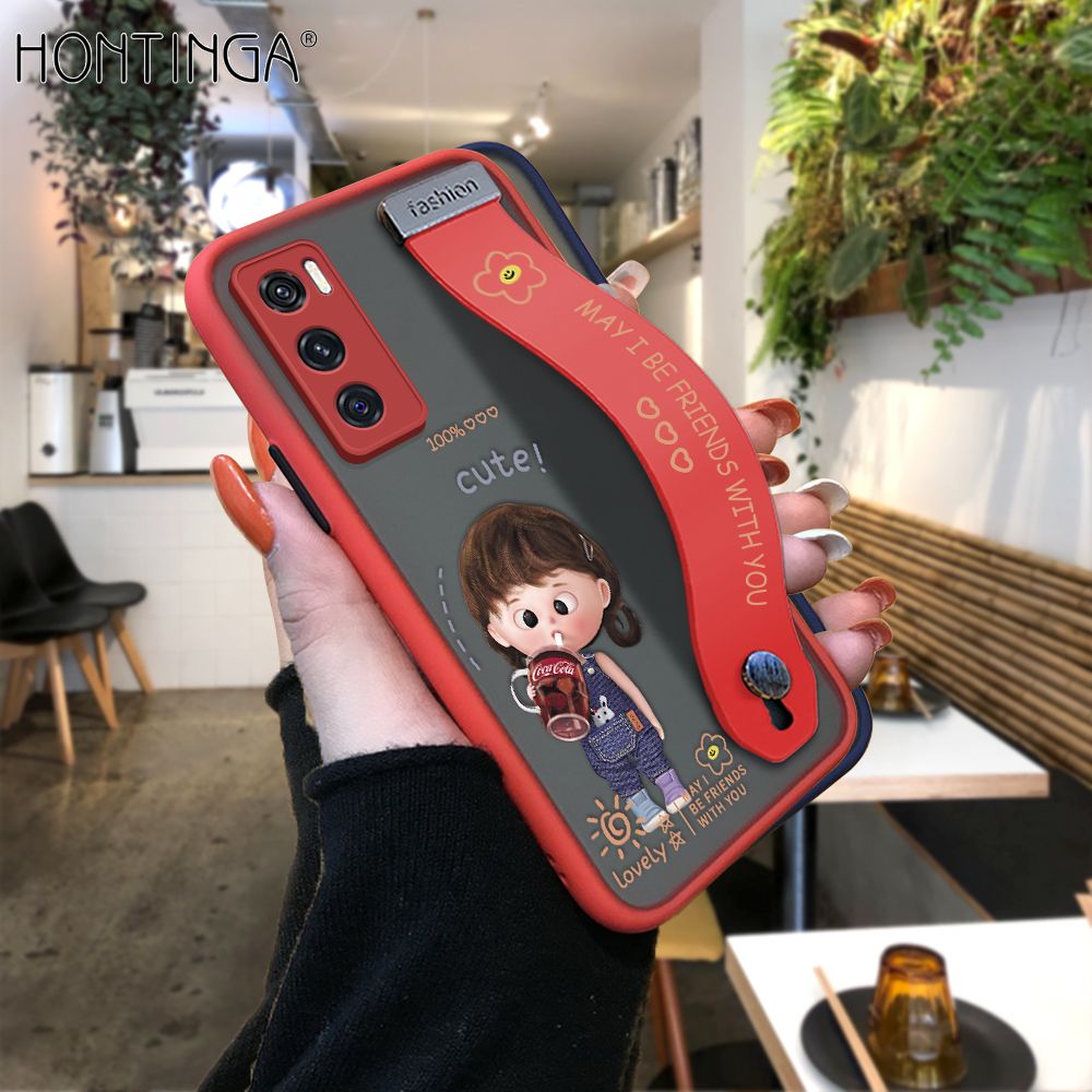Hontinga for Vivo V20 SE Back Cover With Wristband Cola Girl Phone Casee Full Lens Protection Thin Frosted Cases