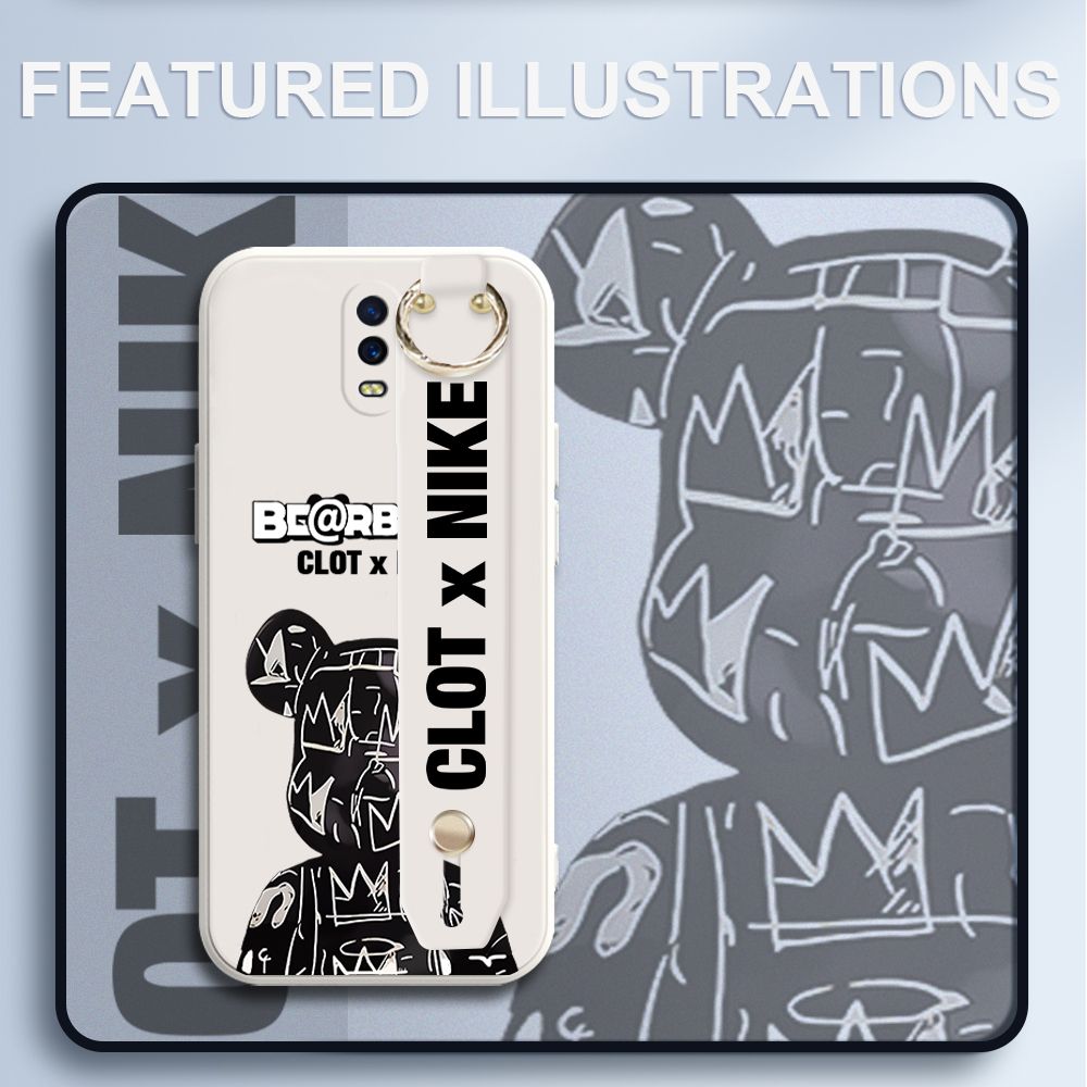 UCUC for OPPO R17 Wrist Strap Case Creative Cartoon Black Stitching Bear Cover Ultra Thin Anti Fall Liquid Silicone Phone Case