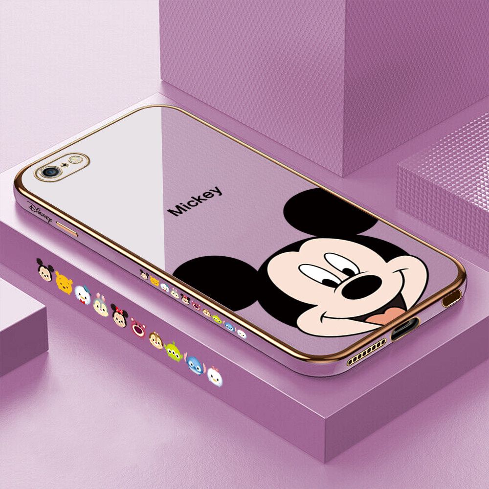 Luxury 6D Plating Soft Casing Silicone Square Frame Phone Case For iPhone 6 Plus Case Shiny Bling Back Cover Cartoon Big Head Mouse Square Edge Pattern Design Soft Case + Free Lanyard