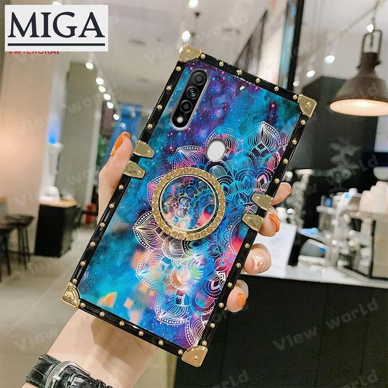 for OPPO A31/A8 A52/A72/A92 A92S A53  A15 Fashion Square Glitter Bling Starry Sky Phone Case with Diamond Ring Bracket Stand Holder Soft Silicone Protective Back Cover