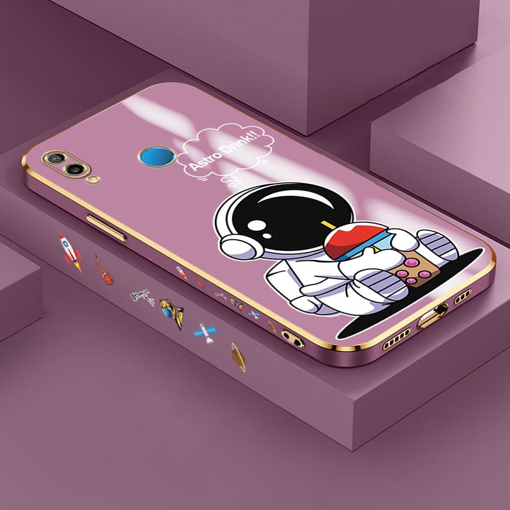 Jizetin (Free Lanyard) Huawei P20 Lite / Nova 3E Case Cute Cartoon Drink Astronaut Luxury 6D Plating Soft Casing Silicone Ultra Thin Phone Cover