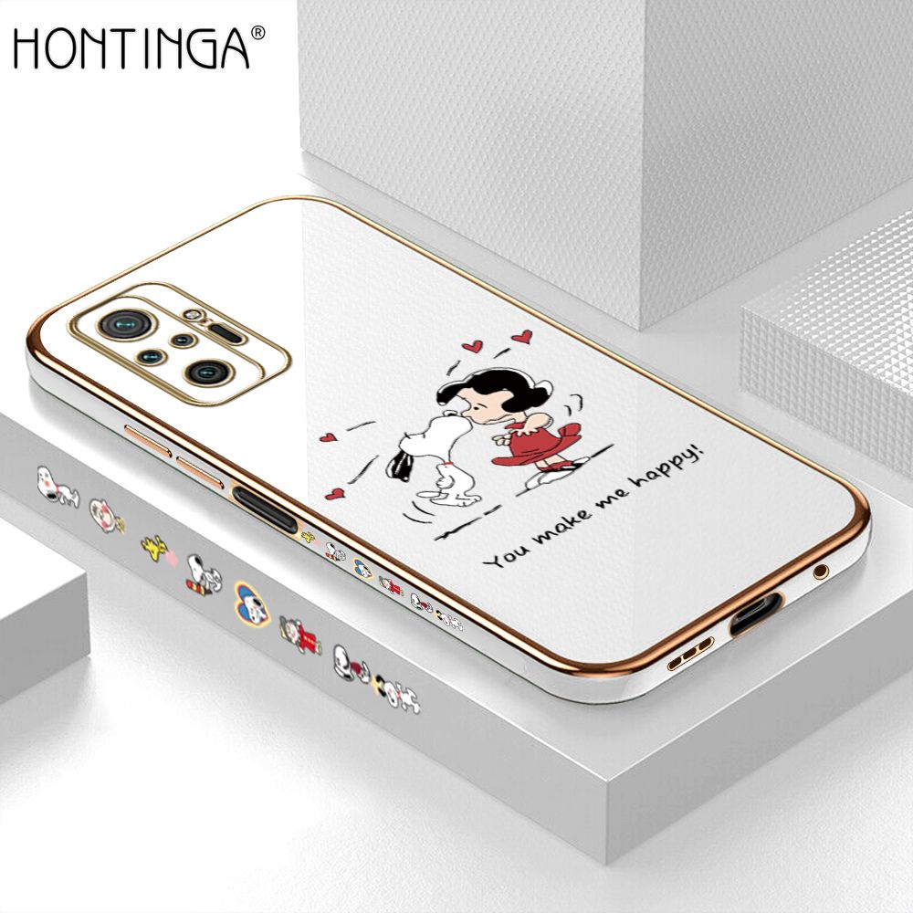 Hontinga for Redmi Note 10 Pro / Note 10 Pro Max Case Luxury 6D Plating Soft Casing Silicone Square Frame Phone Cases Shiny Bling Side Print Happy Puppy and Girl Phone Cover