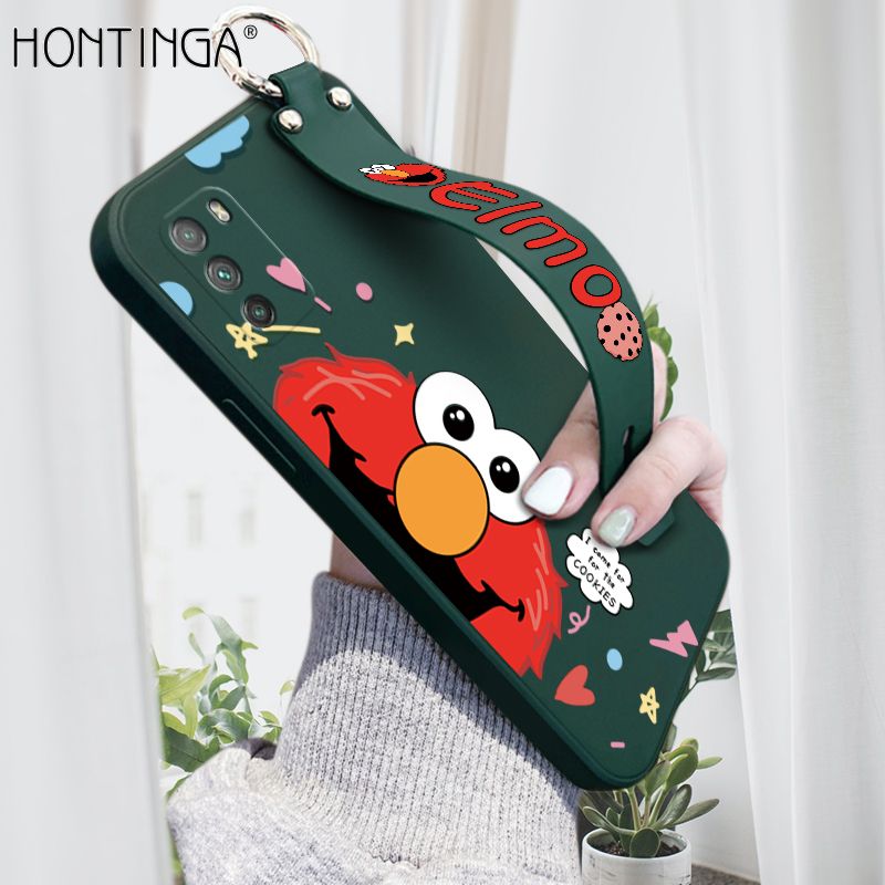 Hontinga for Xiaomi Poco M3 Wrist Strap Case Cute Cute Cartoon Little Monster Cover Trend Square Printed Pattern Liquid Silicone Phone Case