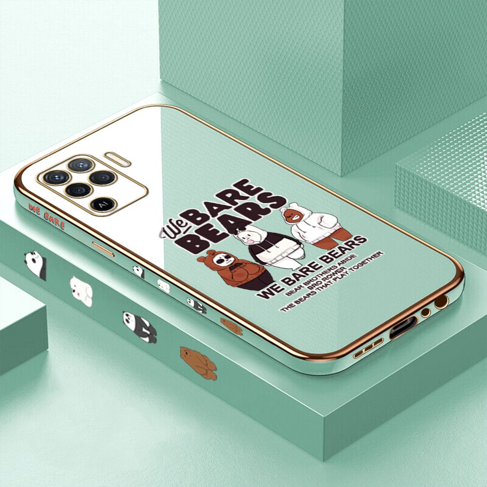 Luxury 6D Plating Case for OPPO Reno5 F Three Little Bears Side Pattern Back Cover Soft Silicone Square Phone Cases + Free Lanyard