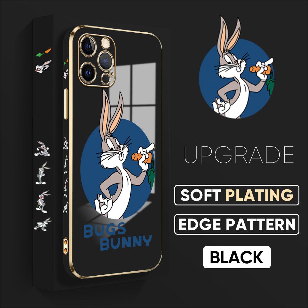 Jizetin (Free Lanyard) iPhone 12 Pro Max Back Cover Anime Rabbit Luxury 6D Plating Case Side Pattern Soft Silicone Square Mobile Phone Cases