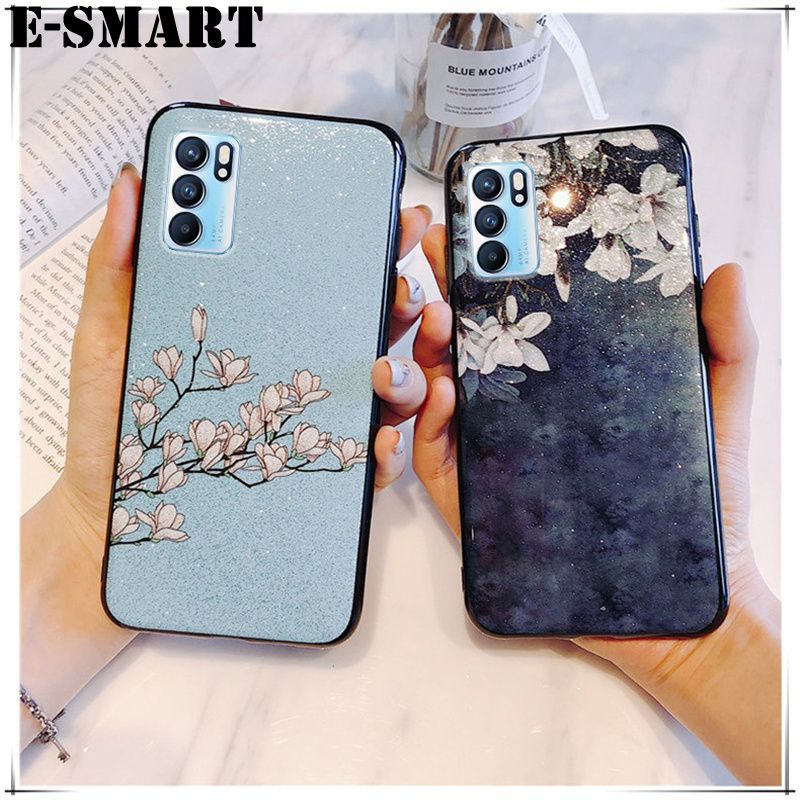 Phone case OPPO Reno6 Back Cover Flowers Gardenia & Magnolia Bling Glitter Soft Silicone Protector OPPO Reno 6 Case