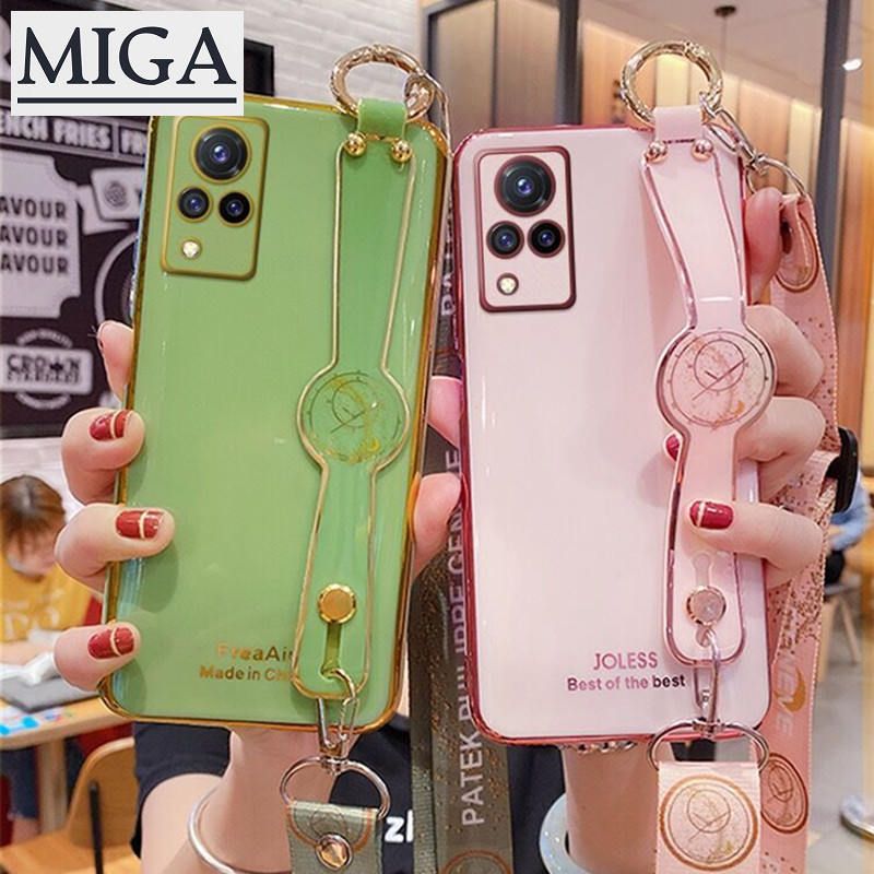 Vivo V21 5G V21e Y72 5G Y31 Y51 Y51A V20 SE Pro  Casing Electroplating Phone Case with Wriststrap Lanyard TPU Waterproof Soft Back Cover