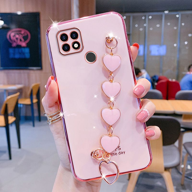 For Realme C25 Cover, with Luxury Love Heart Bracelet Fashion Plating Soft Phone Cover Case Pretty Girls Woman Cases Soft Silicone Bumper Shockproof Protection Back Cover
