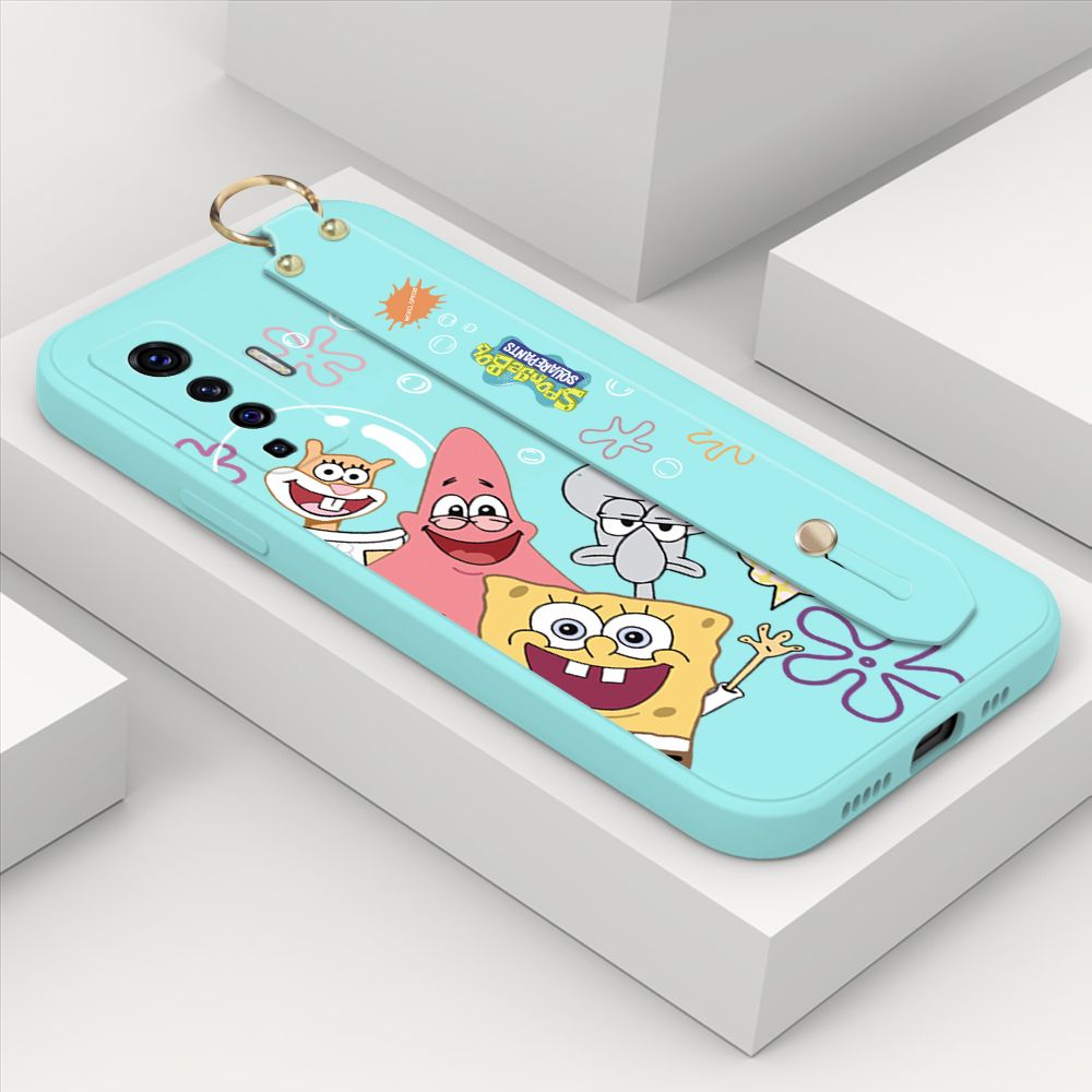 ZeroQiQi for Vivo X50 5G Wrist Strap Case Cute Cute Funny Cartoon Sponge for Square Pants Cover Square Edge Liquid Silicone Anti-drop Phone Case