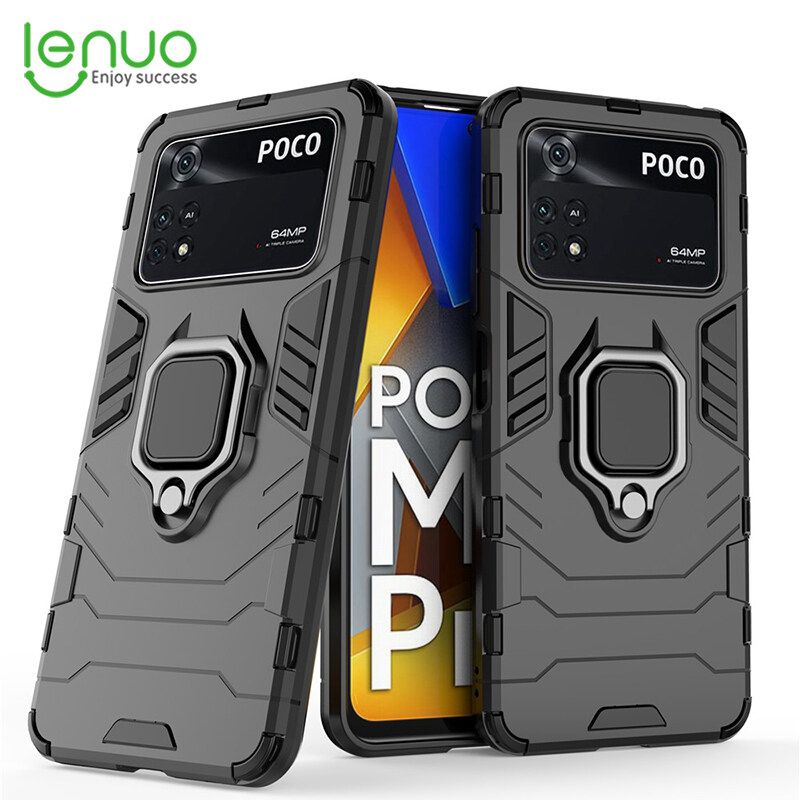 Lenuo Phone Case for Xiaomi Poco M4 Pro 4G Silicone PC Metal Ring Holder Cover
