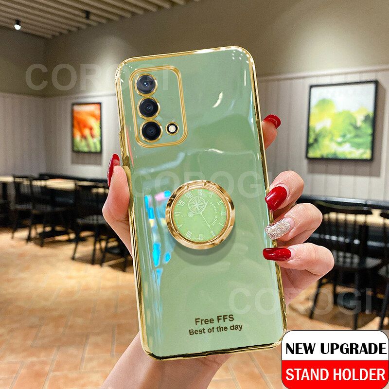 For OPPO A95 Cover + Ring Holder Ultra Thin Shiny Plating Bumper Stand Phone Case Soft TPU Silicone Shockproof Protective Back Cover