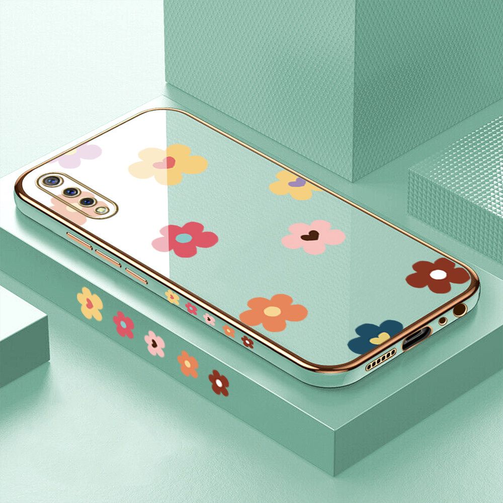 Luxury 6D Plating Case for Vivo S1 Color Cartoon Flowers Side Pattern Back Cover Soft Silicone Square Frame Shiny Bling Phone Cases + Free Lanyard