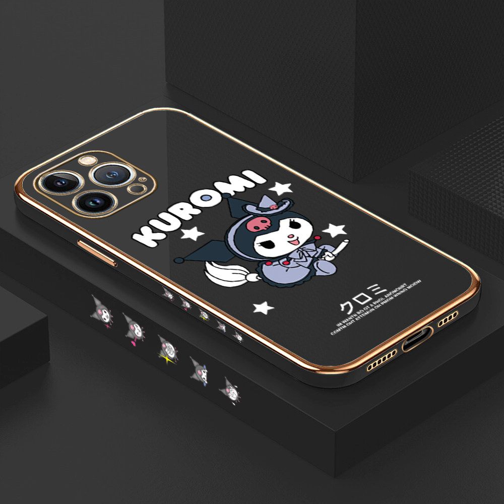 Luxury 6D Plating Soft Casing Silicone Square Frame Phone Case For iPhone 13 Pro Max Case Shiny Bling Back Cover Cartoon Anime Character Cute Square Edge Pattern Design Soft Case + Free Lanyard