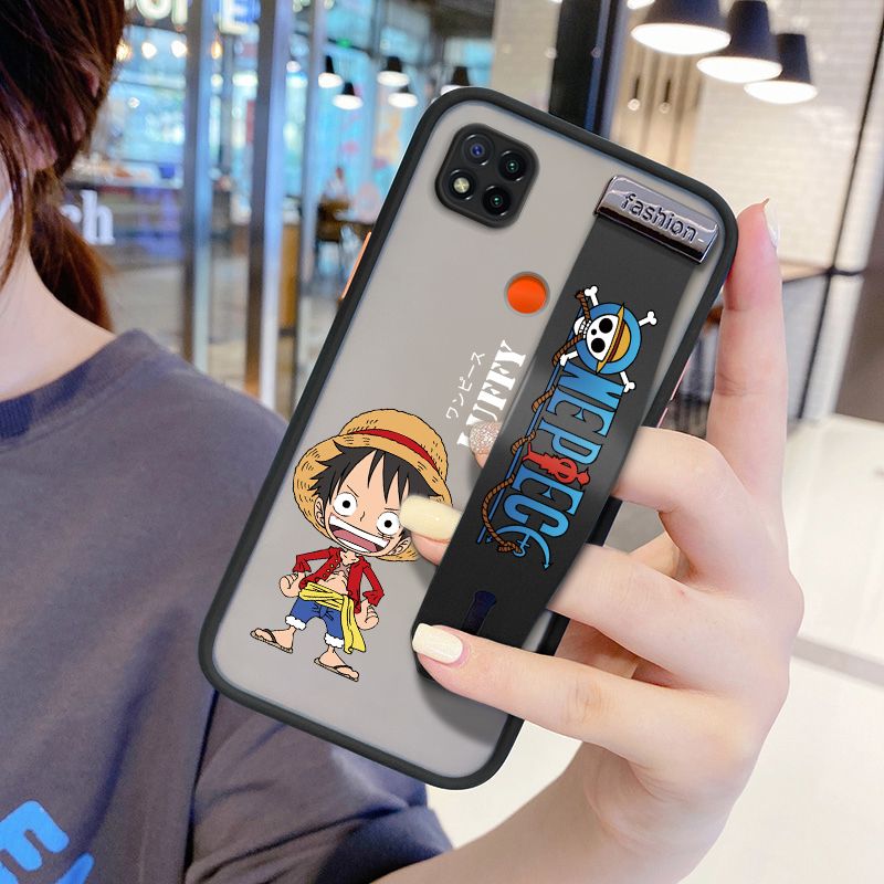 UCUC for Xiaomi Redmi 9C Wrist Strap Case Anime One Piece Luffy Wristband Printing Cover Shockproof Frosted Phone Case