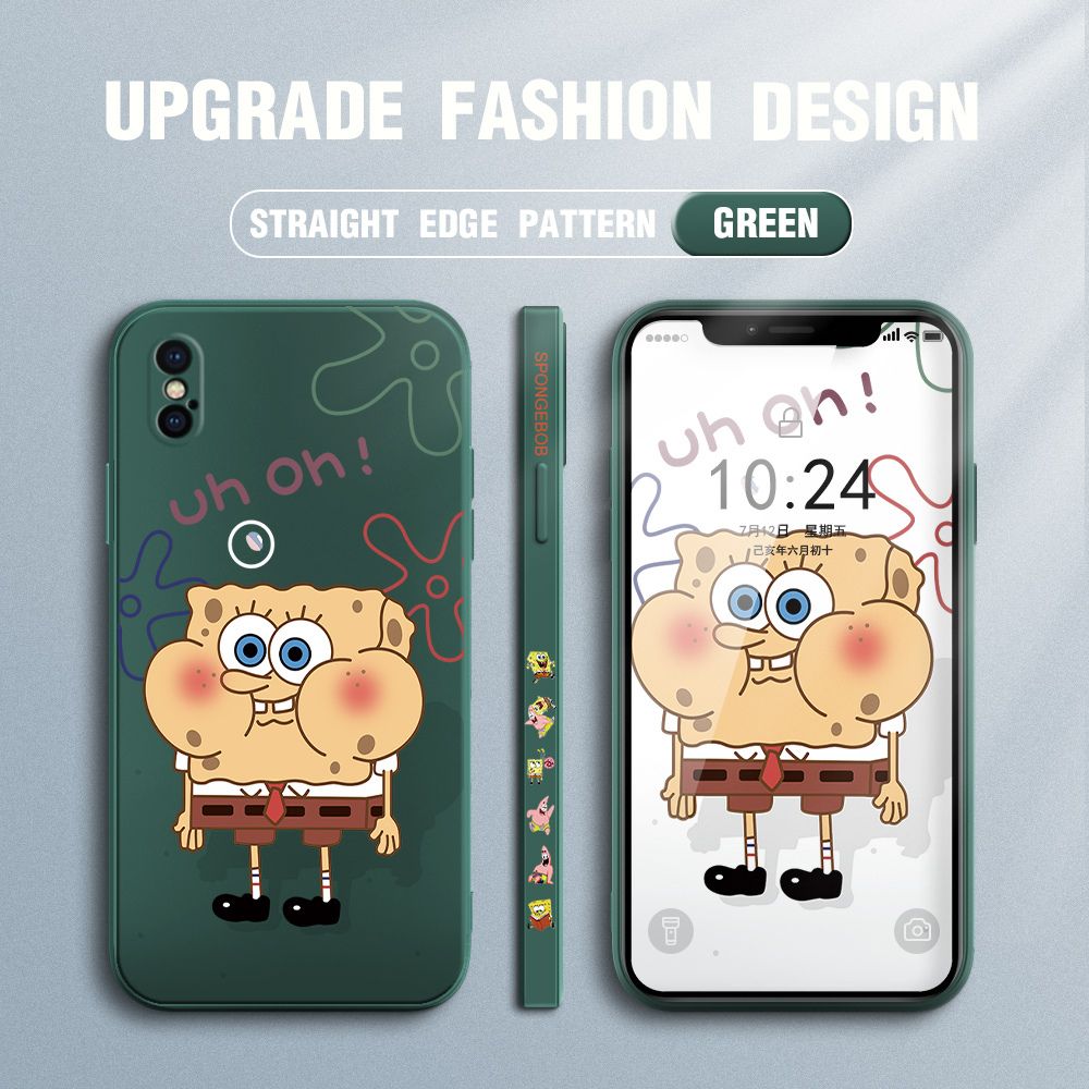 Jizetin for iPhone X Case Side Design Phone Cover New Cartoon SpongeBob SquarePants Cover Square Edge Pattern Liquid Silicone Trend Case