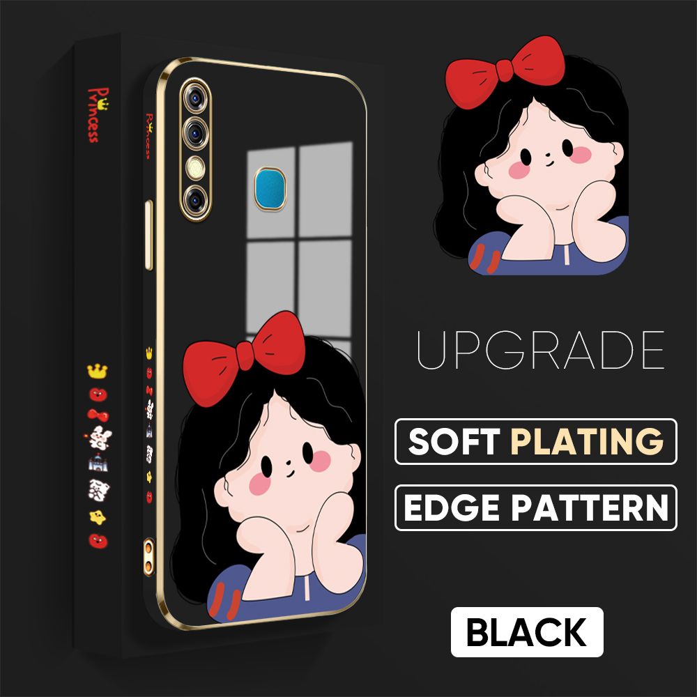 Jizetin (Free Lanyard) Infinix Hot 8 Hot 8 Pro Back Cover Cute Princess Luxury 6D Plating Case Side Pattern Soft Silicone Square Phone Cases
