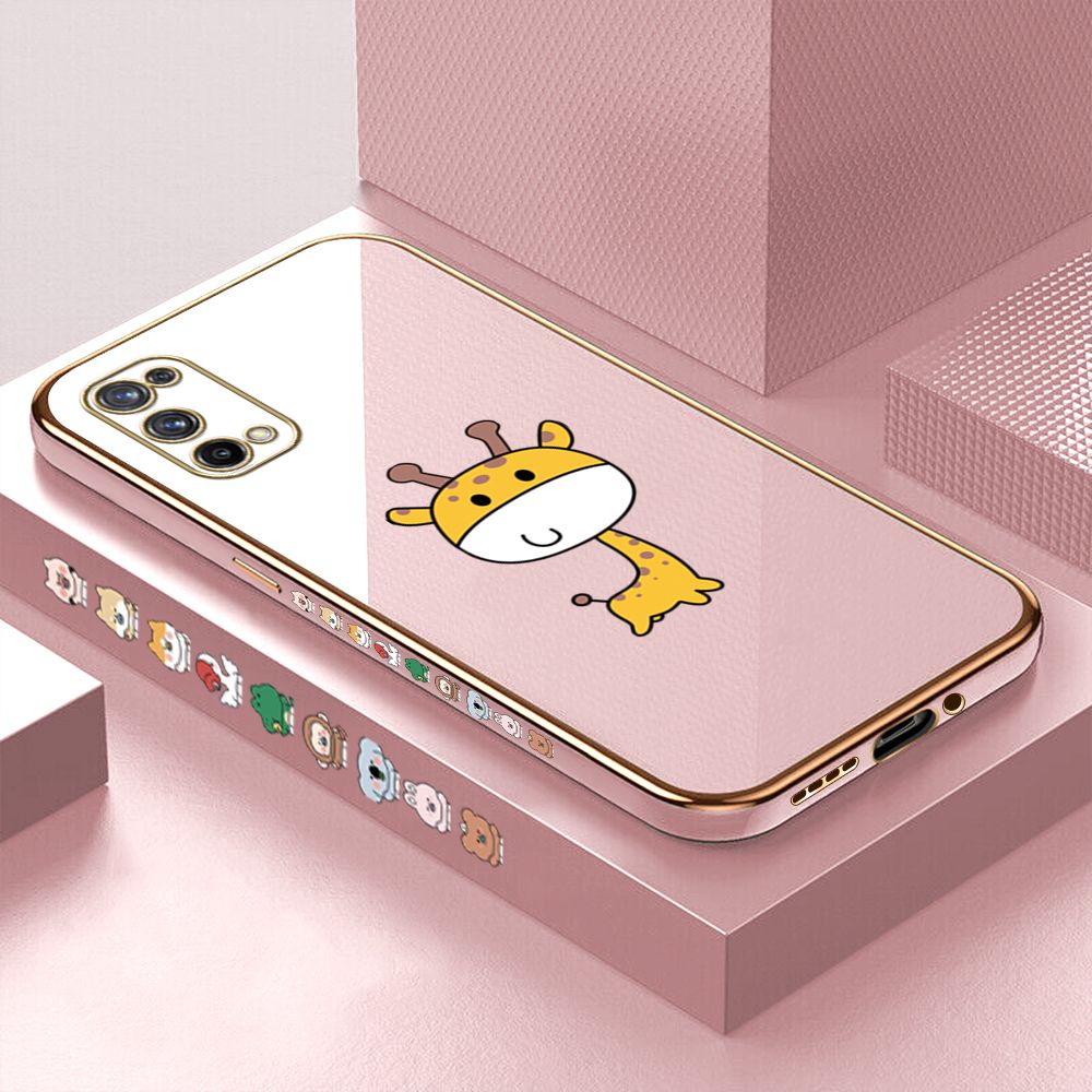 Luxury 6D Plating Case for Realme X7 Color Cute Giraffe Side Pattern Back Cover Soft Silicone Square Frame Shiny Bling Phone Cases + Free Lanyard