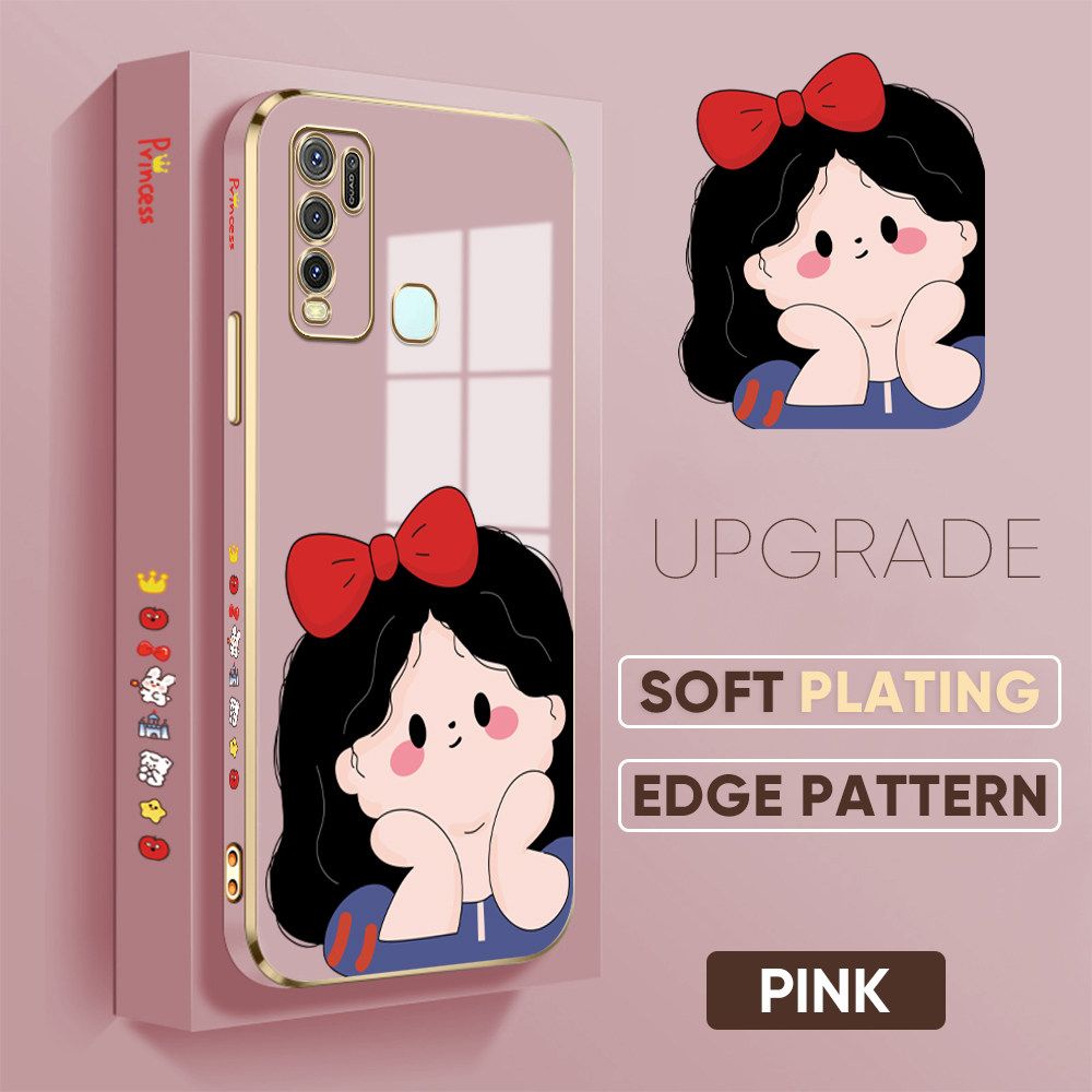 TA for Vivo Y50 Y30 Y30I 1938 Back Cover + Free Lanyard Cute Princess Luxury 6D Plating Case Side Pattern Soft Silicone Square Phone Cases