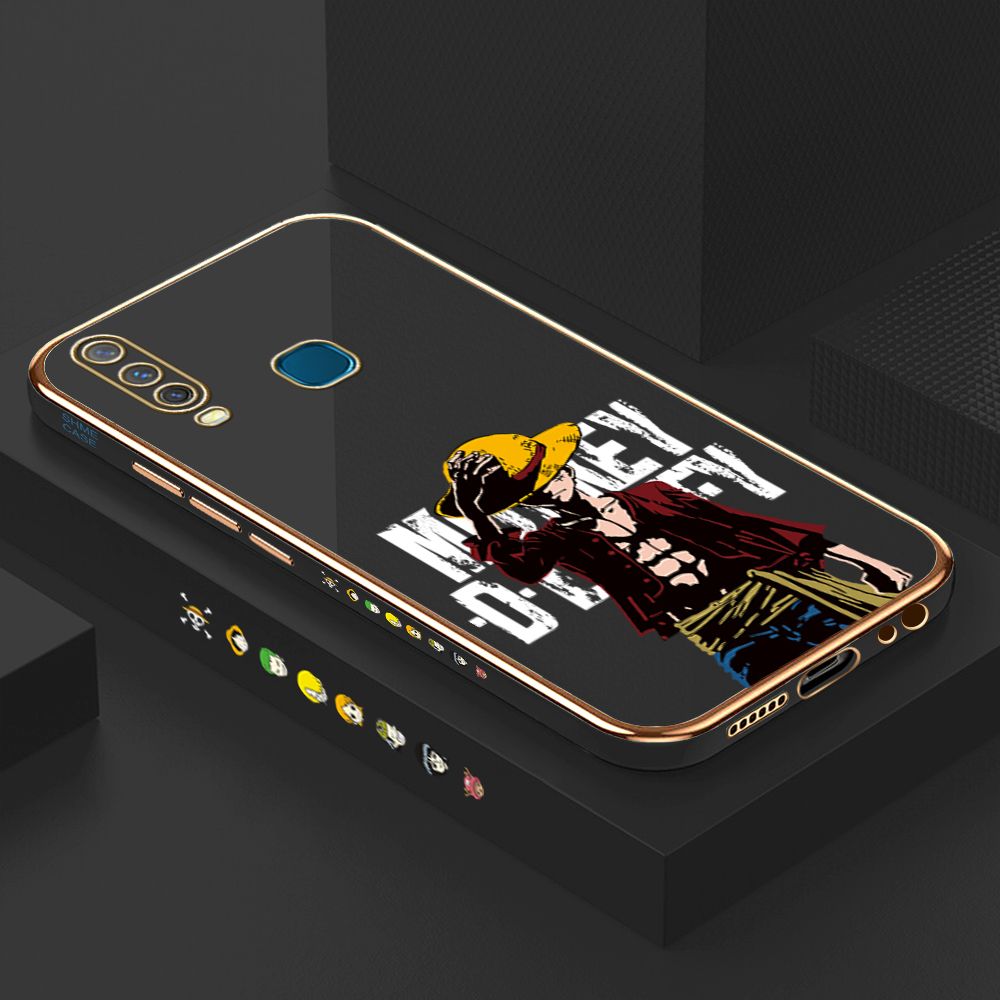 Luxury 6D Plating Case for Vivo Y17 Anime Cartoon Cool Luffy Side Pattern Back Cover Soft Silicone Square Frame Shiny Bling Phone Cases + Free Lanyard