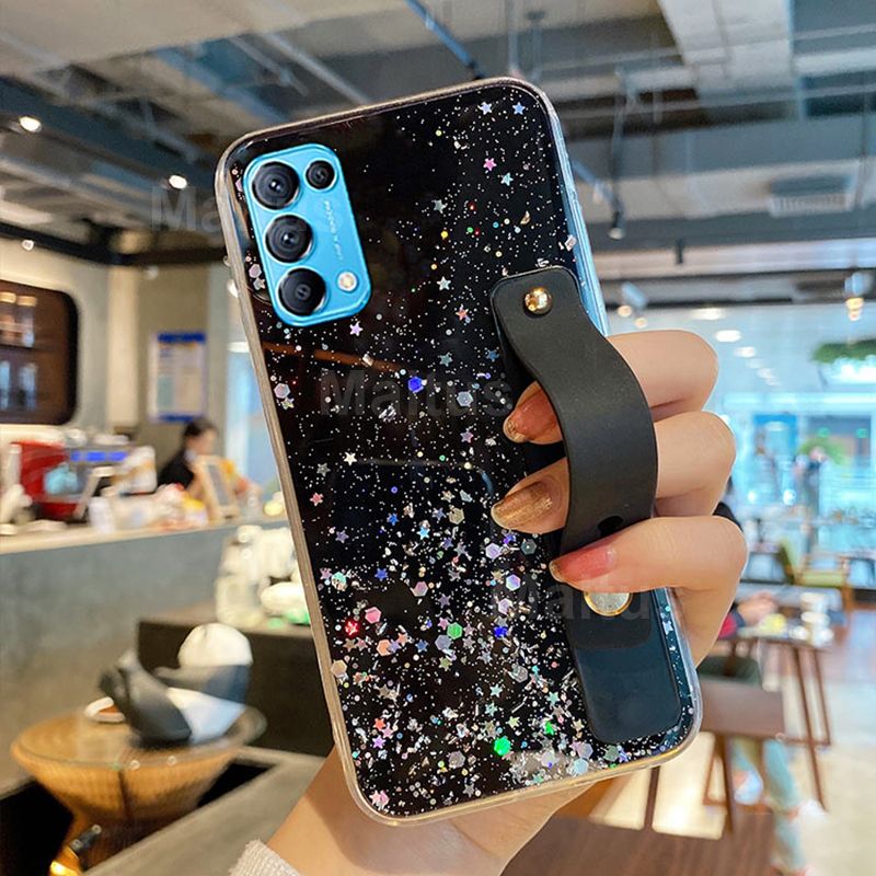 For OPPO Reno5 4G / OPPO Reno 5 5G Case + Wristband Stand Holder Fashion Glitter Sparkle Star Space Foil Phone Cases Clear Soft TPU Silicone Bumper Shockproof Cellphone Protective Casing Cover Women Girl Lady