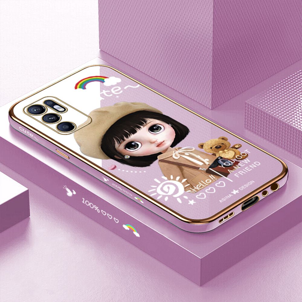 Luxury 6D Plating Case for OPPO Reno6 Cute Satchel Girl Side Pattern Back Cover Soft Silicone Square Phone Cases + Free Lanyard