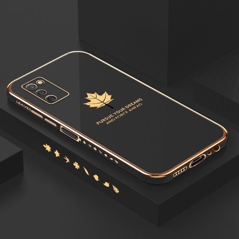 Luxury 6D Plating Case for Samsung A03S Maple Leaf Side Pattern Back Cover Soft Silicone Square Phone Cases + Free Lanyard