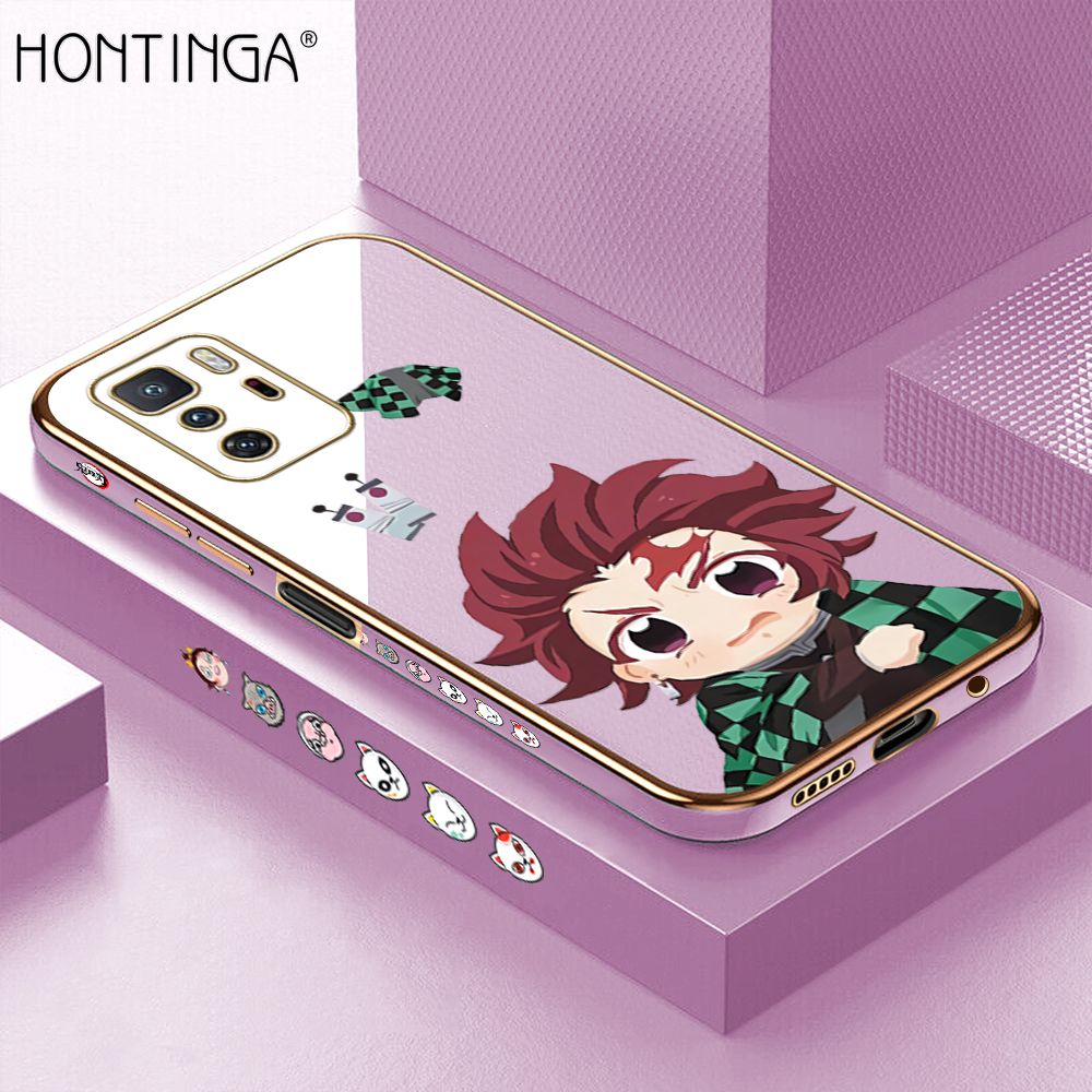 Hontinga for Xiaomi Poco X3 GT Back Cover + Free Lanyard Luxury 6D Plating Cartoon Anime Tanjirou Side Pattern Case Soft Silicone Square Mobile Cover