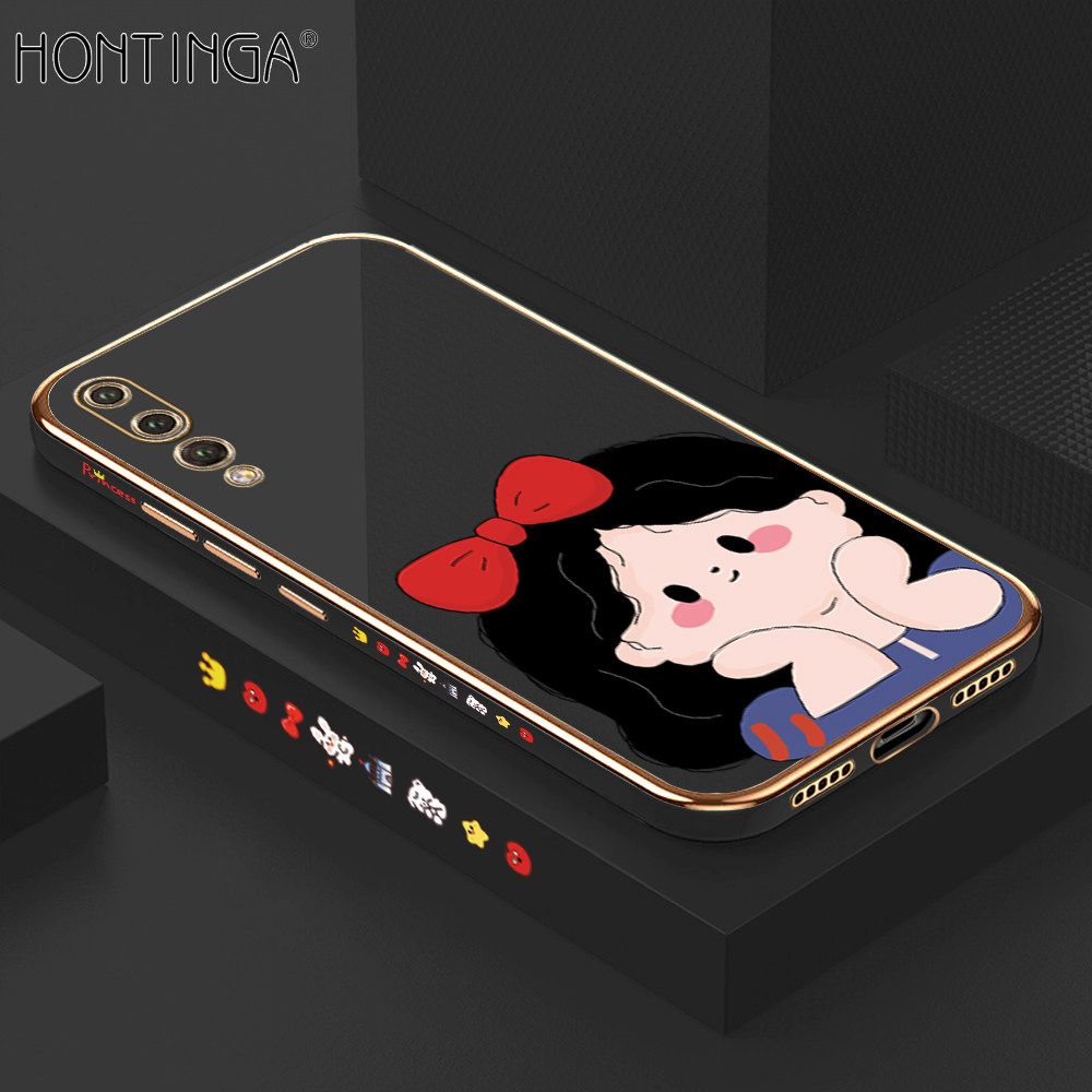 Hontinga for Huawei P20 Pro Back Cover + Free Lanyard Luxury 6D Plating Cute Bow Girl Side Pattern Case Soft Silicone Square Mobile Cover