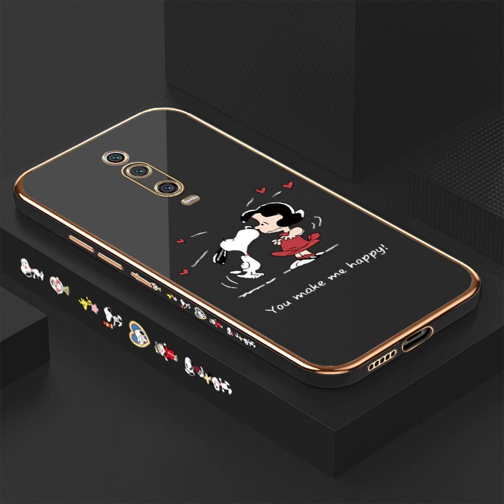 Luxury 6D Plating Case for Xiaomi 9T Happy Cartoon Puppy Side Pattern Back Cover Soft Silicone Square Frame Shiny Bling Phone Cases + Free Lanyard