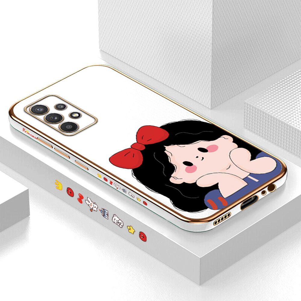Luxury 6D Plating Case for Samsung A32 4G Cartoon Bow Girl Side Pattern Back Cover Soft Silicone Square Phone Cases + Free Lanyard