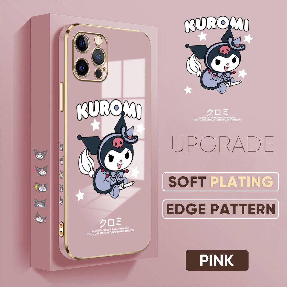 TA for iPhone 12 Pro Back Cover + Free Lanyard Cute Kuromi Luxury 6D Plating Case Side Pattern Soft Silicone Square Phone Cases