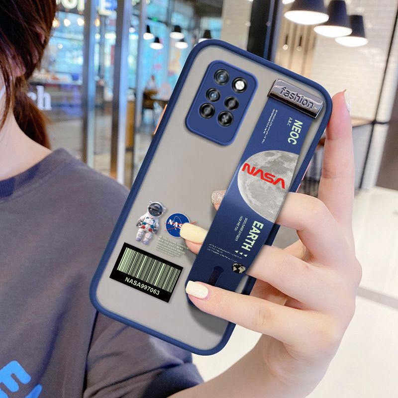 UCUC for Infinix Note 10 Pro NFC Wrist Strap Case Creative Cartoon Astronaut Wristband Printing Cover Shockproof Frosted Phone Case