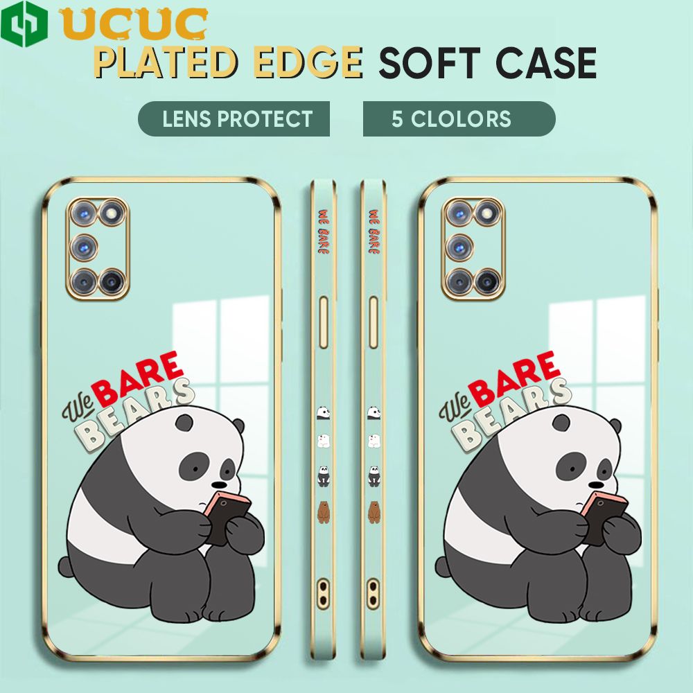 UCUC for OPPO A92 Cover Panda Reading Luxury 6D Plating Soft Casing Silicone Square Frame Phone Case Shiny Bling Back Cover + Free Lanyard