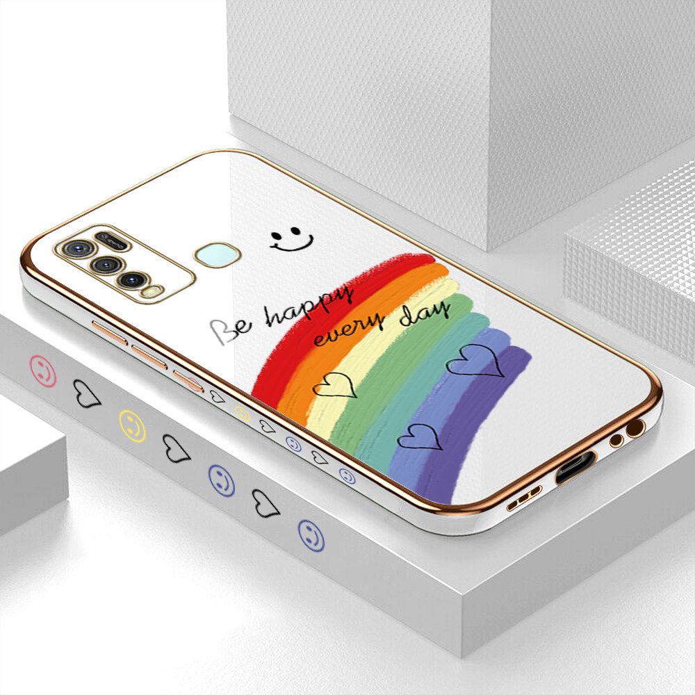 Luxury 6D Plating Case for Vivo Y30i Smile Rainbow Lover Heart Side Pattern Back Cover Soft Silicone Square Frame Shiny Bling Phone Cases + Free Lanyard