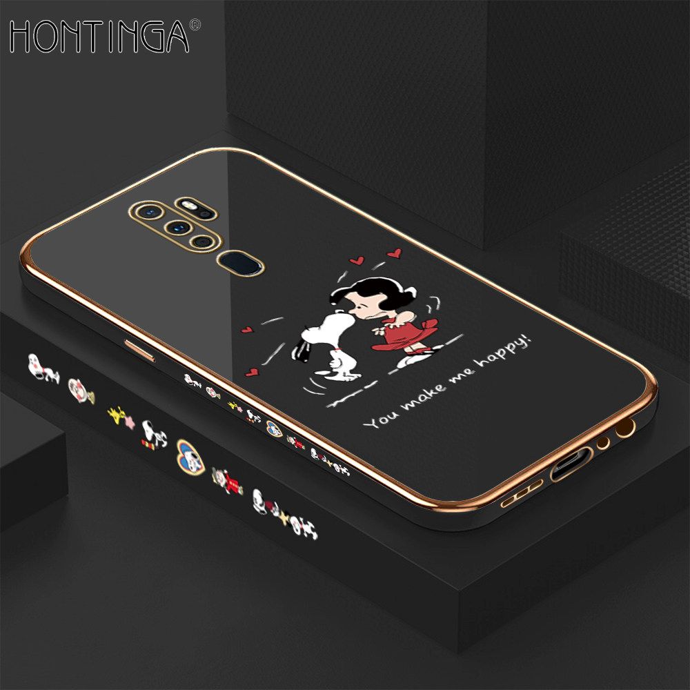 Hontinga for OPPO A5 2020 / A9 2020 Back Cover + Free Lanyard Luxury 6D Plating Happy Puppy and Girl Side Pattern Case Soft Silicone Square Mobile Cover