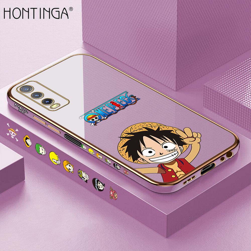 Hontinga for Vivo Y20 2021 Case Luxury 6D Plating Soft Casing Silicone Square Frame Phone Cover Shiny Bling Side Print Anime Cartoon Happy Luffy Cases