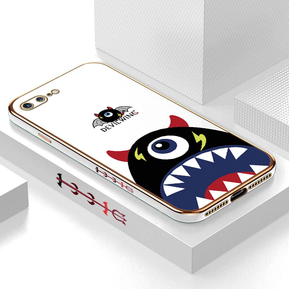 Luxury 6D Plating Case for iPhone 7 Plus Cartoon One-eyed Devil Wing Side Pattern Back Cover Soft Silicone Square Frame Shiny Bling Phone Cases + Free Lanyard
